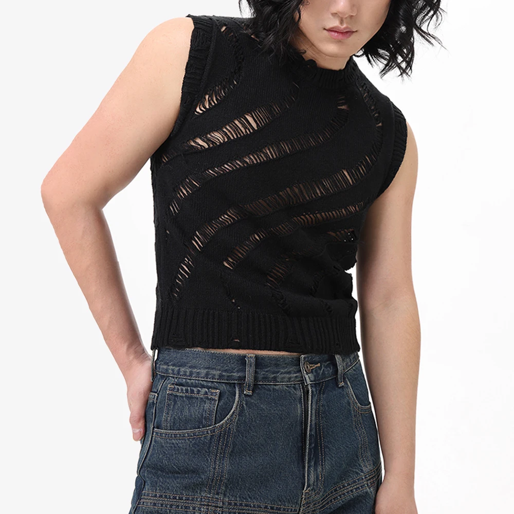 

2023 Summer Knitted Sexy Vest Mens Hollow Out Tank Tops Solid Fashion Ripped Sleeveless T Shirts for Men Casual O Neck Camisole