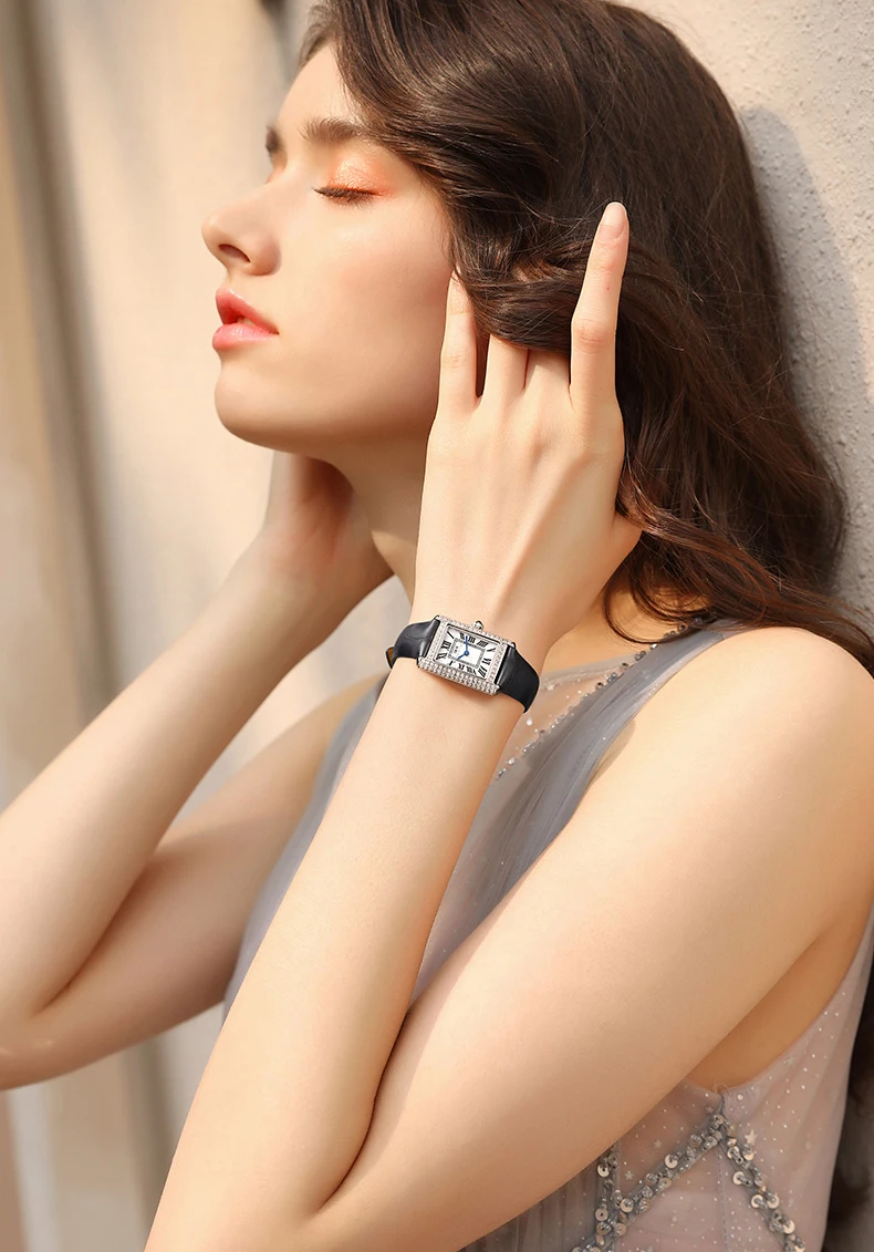 Schweiz KARNEVAL Retro Damen Uhr Schlanke Quadratische Quarz Uhren Frauen 2024 Diamant Lünette Leder Band Wasserdicht Montre Femme_voghion.com