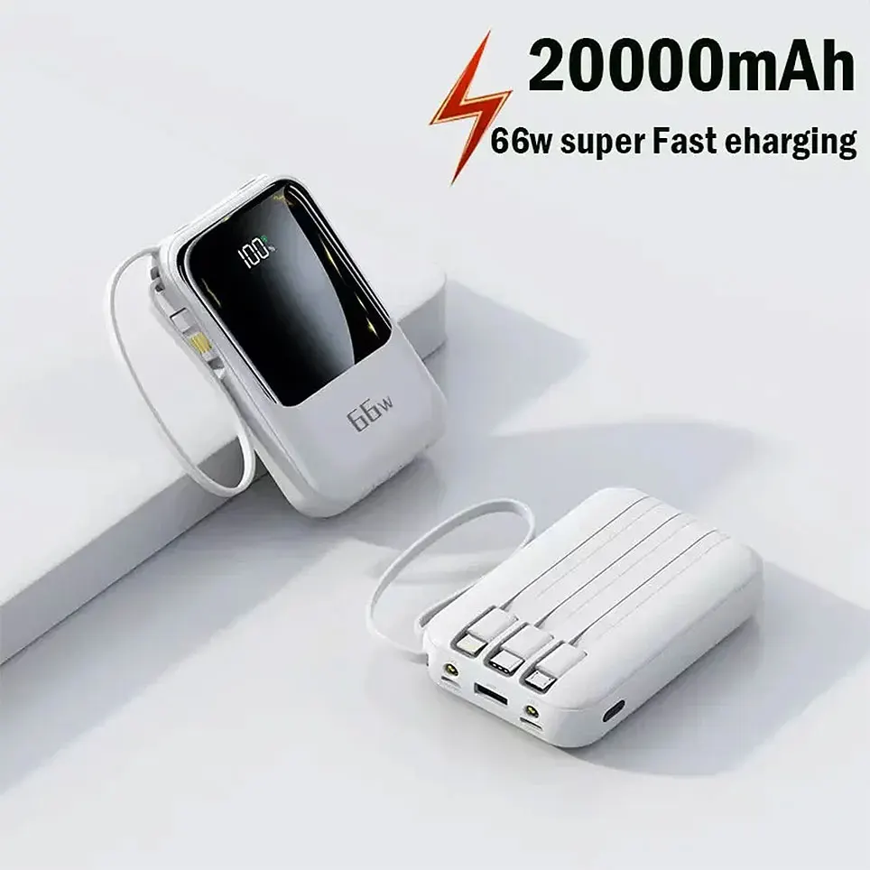 

20000mAh Mobile Power Supply With Built-In Cable 66W Super Fast Charging Power Bank Waterproof Portable Mobile Phone Accessories