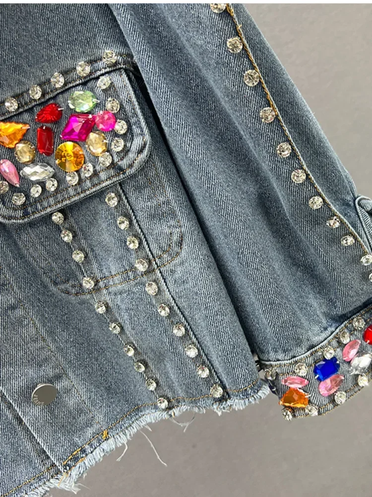 Tassel Rivet Colorful Diamond Denim Jacket Fashion Women Long Sleeve Streetwear Outwears Jackets Coat 2024 New Summer New  Top