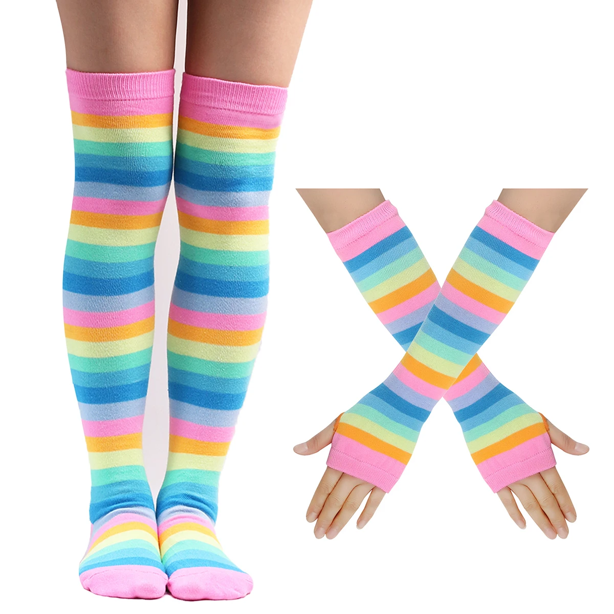 Womens Colorful Striped Stocking Socks Knee High Socks Casual Thigh High Over The Knee Hosiery Arm Warmer Fingerless Gloves Set