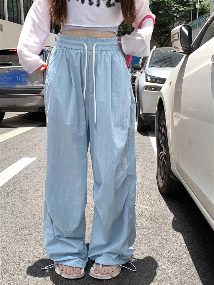 

Deeptown Korean Style Blue Parachute Pants Women Y2K Drawstring Oversize Track Trousers Kpop Basic Quick Dry Wide Leg Sweatpants