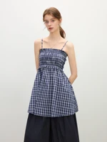 FSLE 2025 Summer Women’s Smocked Strapless Sundress – Classic Navy Gingham & Adjustable A-Line Skirt for Effortless Elegance