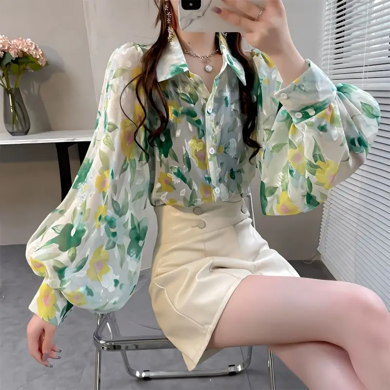 Korean Fashion Printed Button Simplicity Commuter POLO Neck Lantern Sleeve Casual Temperament Versatile Women's Clothing Shirt