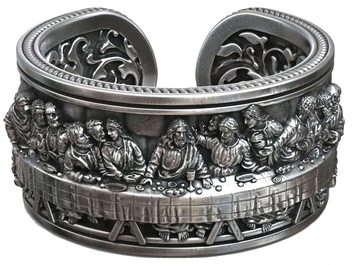 

13g Jesus Christ The Last Supper Leonardo Pattern Religious Artistic Relief Gifts Cuff Ring 925 Solid Sterling Silver Ring