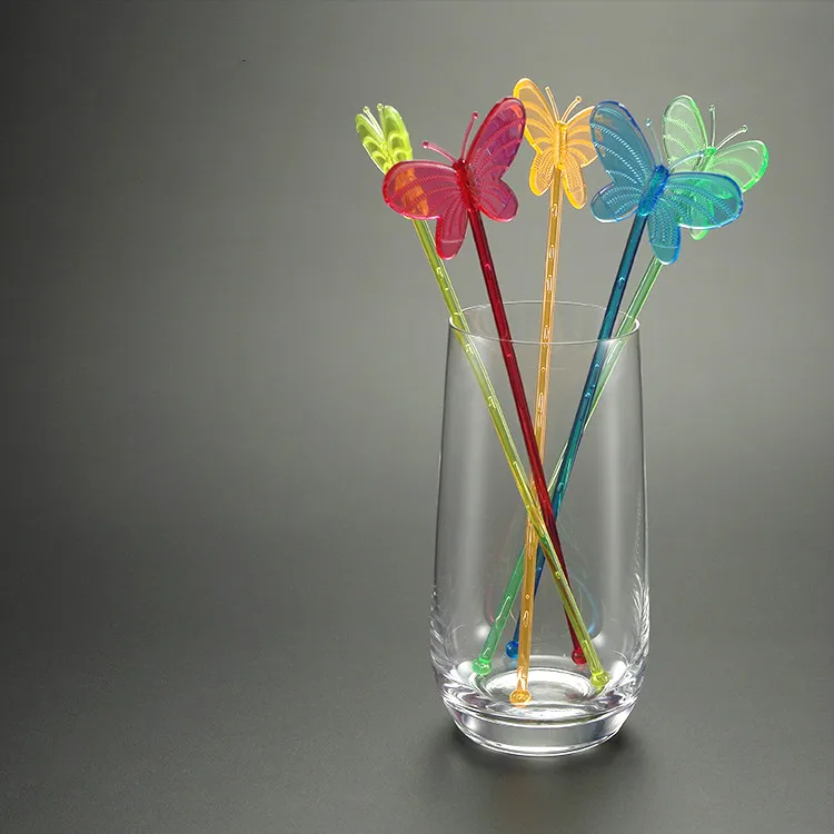 Disposable skewers Butterfly Transparent Color Plastic Cocktail Picks Bar Barware Tools Disposable Stirring Stick PS Plastic 22cm 30 PCs/Lot