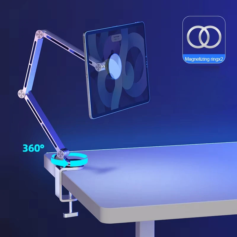 תושבת מעמד לטאבלט מגנטי, מתכווננת ומתקפלת לשולחן עם זרוע לטאבלט 360 ° בסיס סובב עבור אייפד ואייפונים
