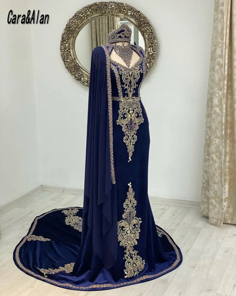 

Cara&Alan Navy Blue Arabic Caftan Evening Dresses Velvet Beading Lace Applique Mermaid Prom Dress Women Wedding Party Gowns