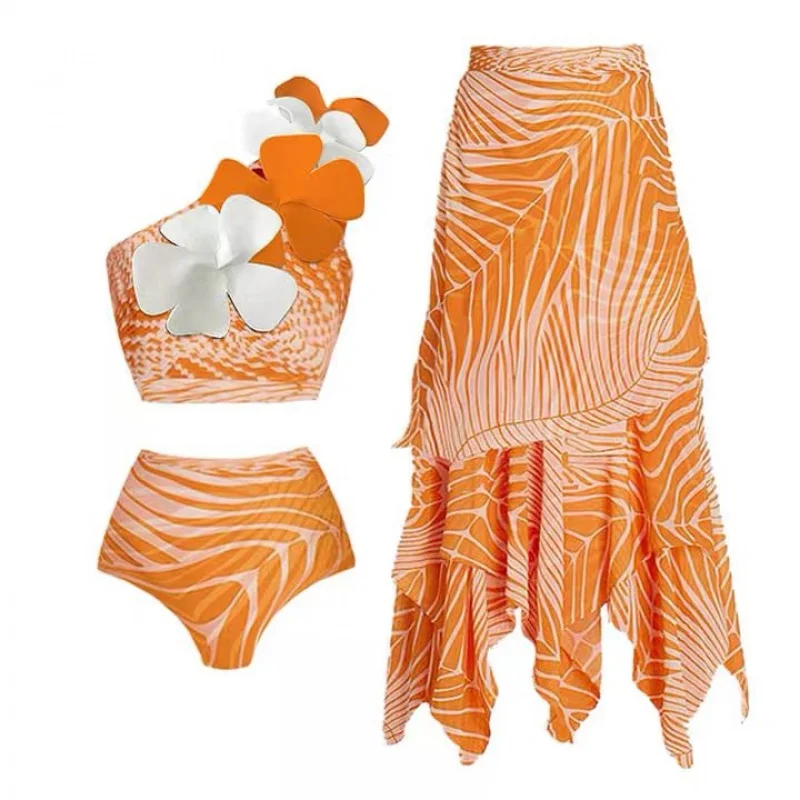 2024New Retro Split Swimsuit Sexy One-Shoulder Swimsuit Chiffon Beach Skirt Suit for Vacation