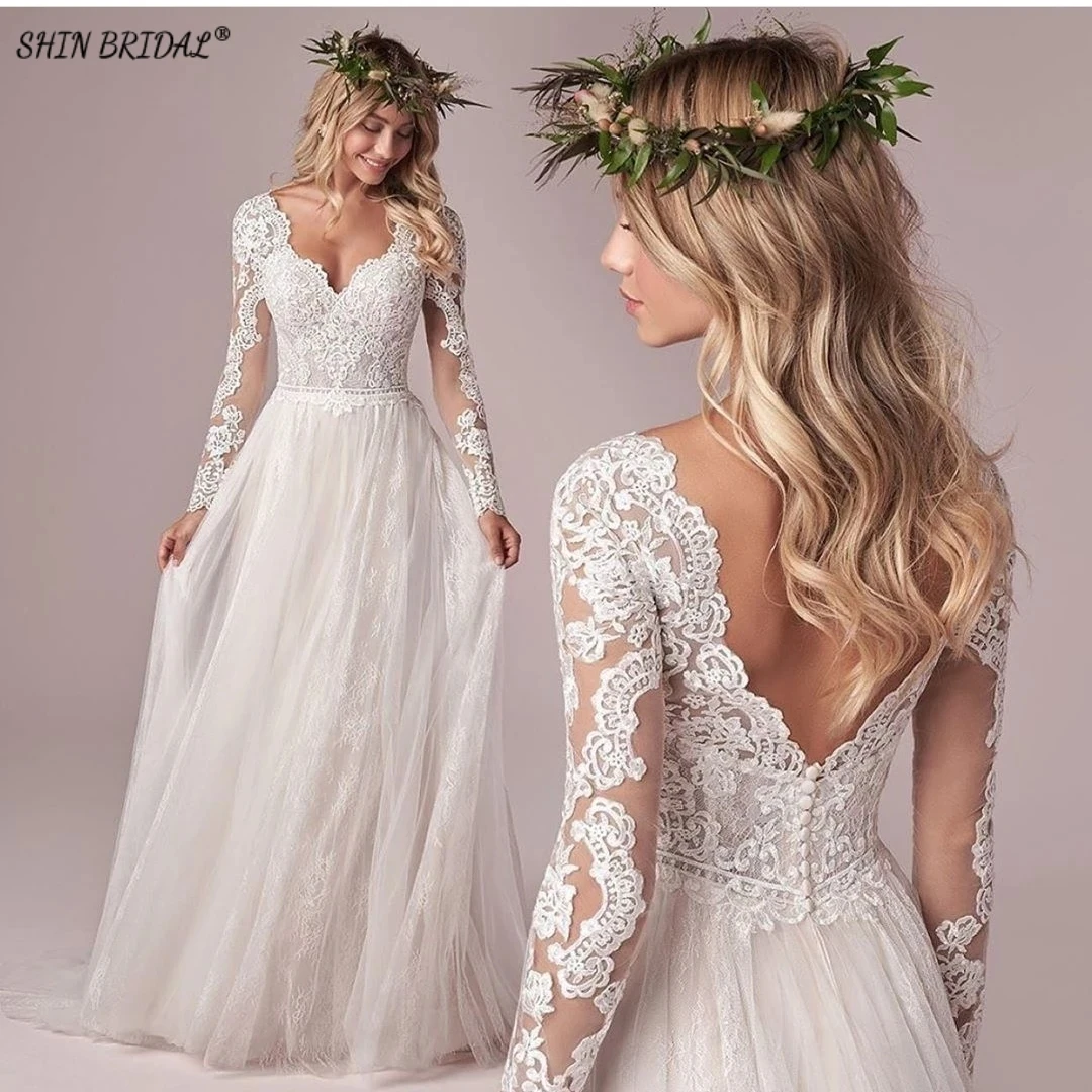 

SHIN BRIDAL Appliques Lace V Neck Long Sleeves Wedding Dress for Women 2024 Floor Length Backless Tulle Dress vestidos de novia