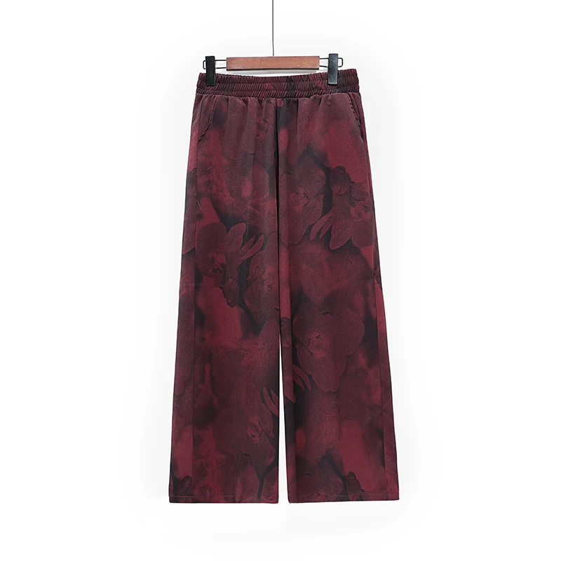 

Брюки женские с широкими штанинами, модные тонкие эластичные свободные повседневные штаны из искусственного шелка, с завышенной талией и чернильным принтом, 5XL, весна-лето