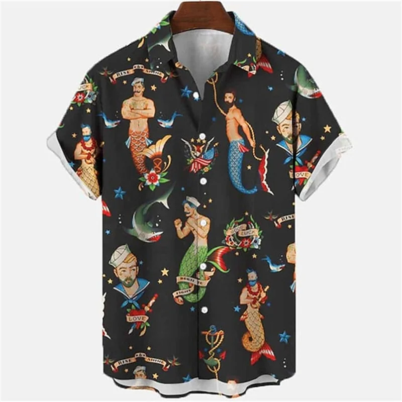Mermaid retro printed shirts Men's European and American pattern Summer casual short sleeved shirt Hawaiian button 4