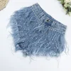 Rhinestone Beaded Exquisite Feather High Waist Denim for Women's Blue Jeans Shorts DS Nightclub Sexy Hot Pants Fashion 3