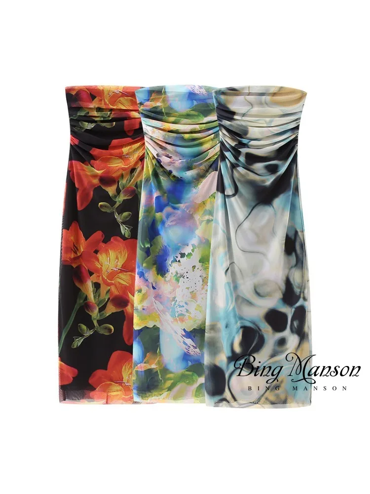 

2023 Spring Women's Printed Skirt Retro Bra Open Back Pullover Top Flower Printed Long Dress Women's Fashion One Line Neck