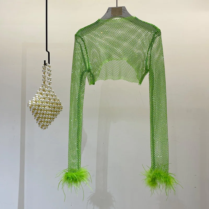

Women AB Fabric Tops Rhinestone Ostrich Feather Top Mesh Protection Shawl Summer Half Length Loose Long Sleeves T-shirt Female