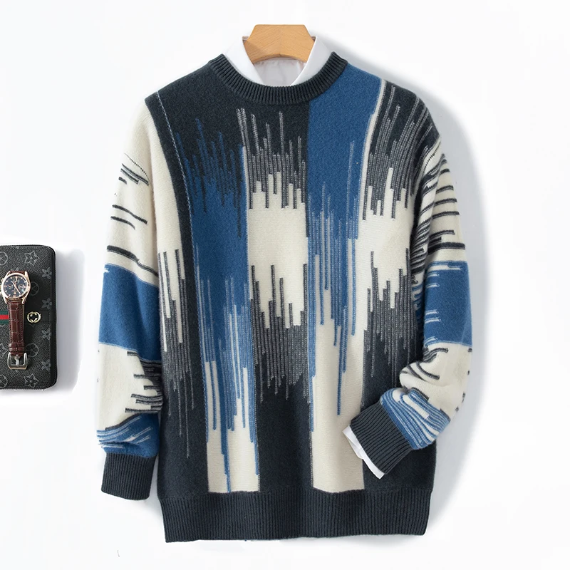 Jacquard autumn and winter new 100% Merino wool men's pullover, O-neck sweater, fashionable and warm base shirt, shirt top