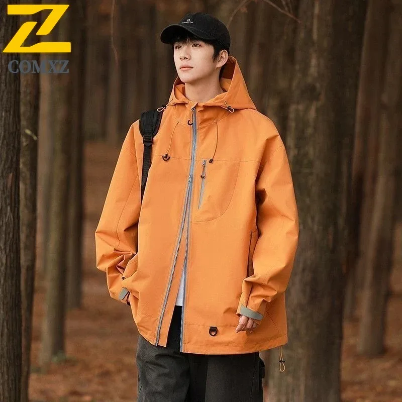 ​Men Outdoor Hiking Jacket Windproof Waterproof  Mountain Style Solid Color Windbreaker for Autumn Hooded Camping Climbing​ Coat