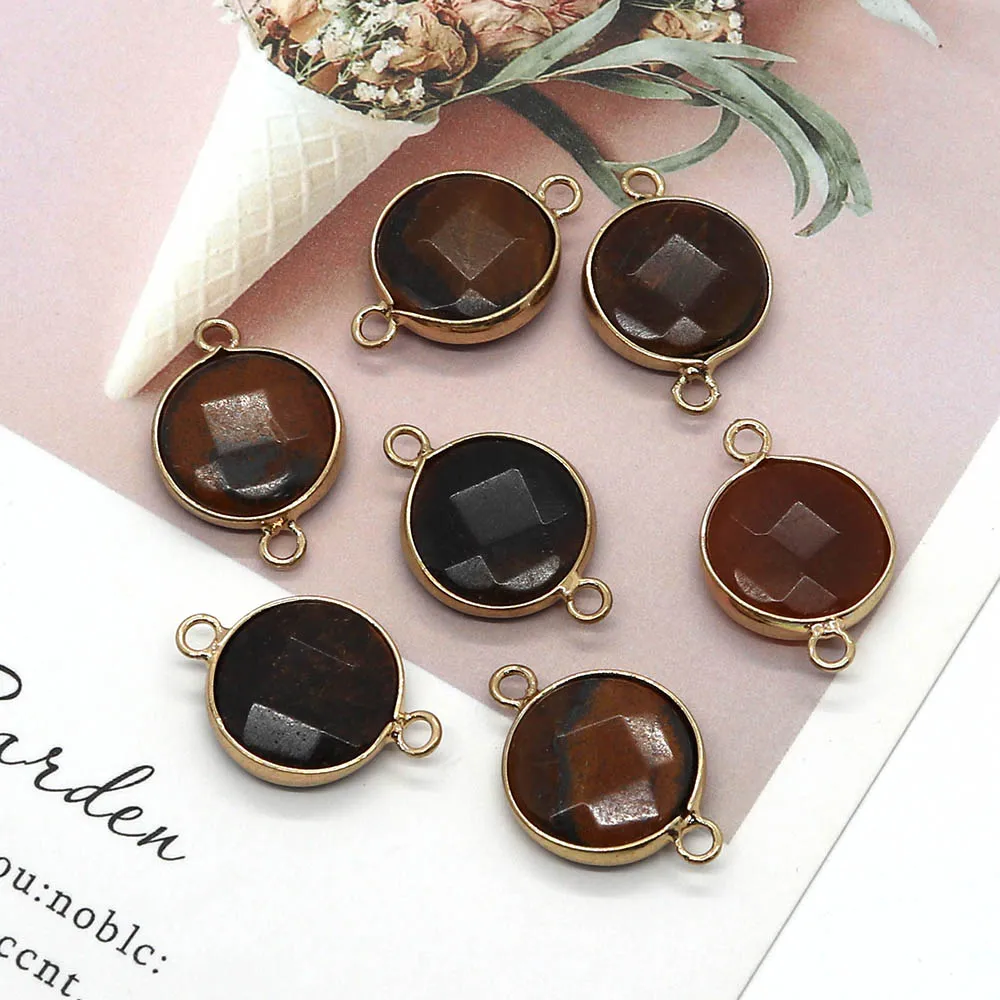 

5pcs Natural Stone Inlaid Round Agate Double Hole Pendant Fashionable Quartz Cut Face Jewelry Connector for Diy Charm Earrings