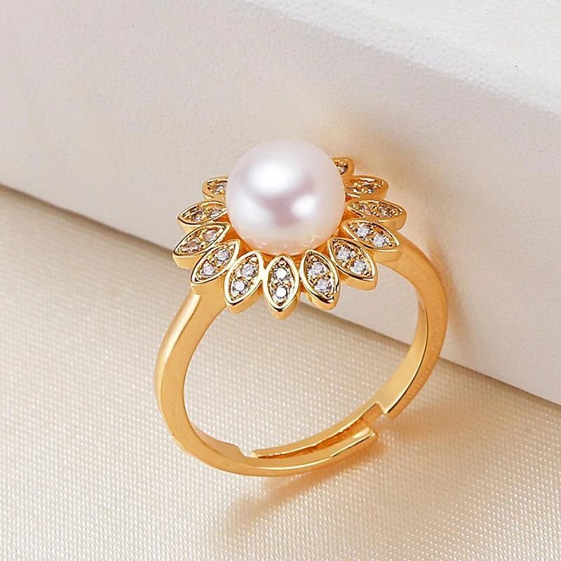 MULICHEN Zircon Inlaid Copper Plated 14K Gold Open Women's Ring 7-8mm Freshwater Pearl Ring Jewelry Free Shipping Gift
