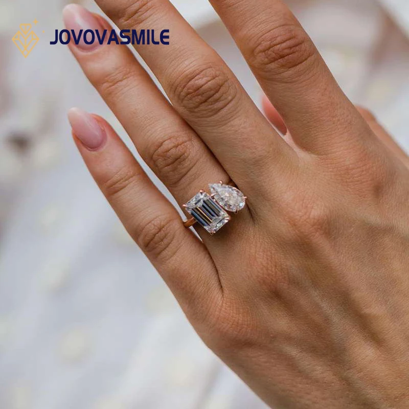 

JOVOVASMILE 9K 14K Rose Gold Moissanit Wedding Ring for Women 3.5 ct Emerald Cut 7*11mm and 2.5 Carat, 6.5*11mm Pear Cutmm