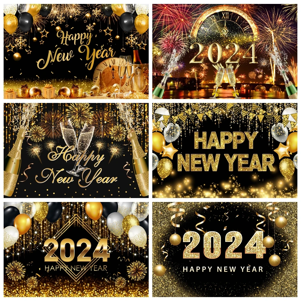 

Happy New Year Party Backdrop Decor Black and Gold Champagne Balloon Firework Family Holiday Photo Photography Background Banner