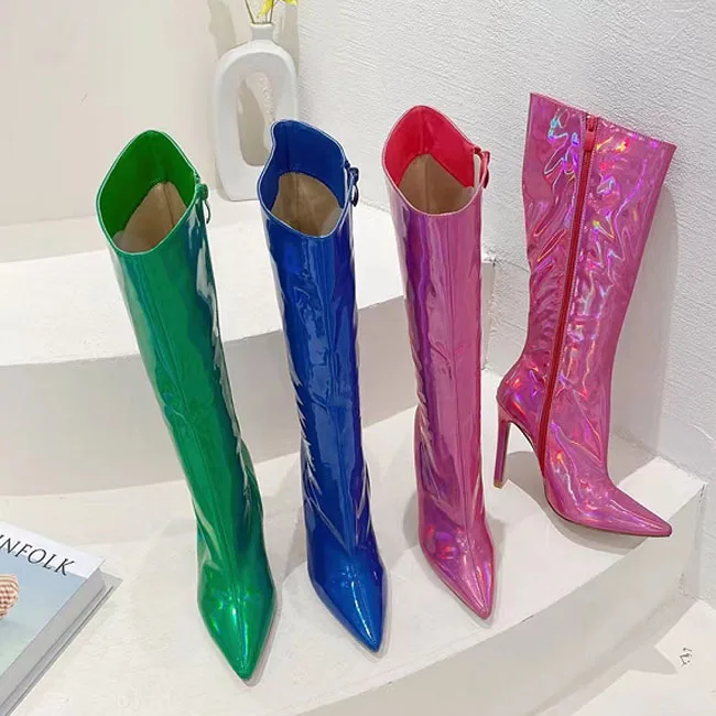 Ins Hot Sale Shiny PU Mature sexy women high heel boots long boots for ladies pointed thigh high boots