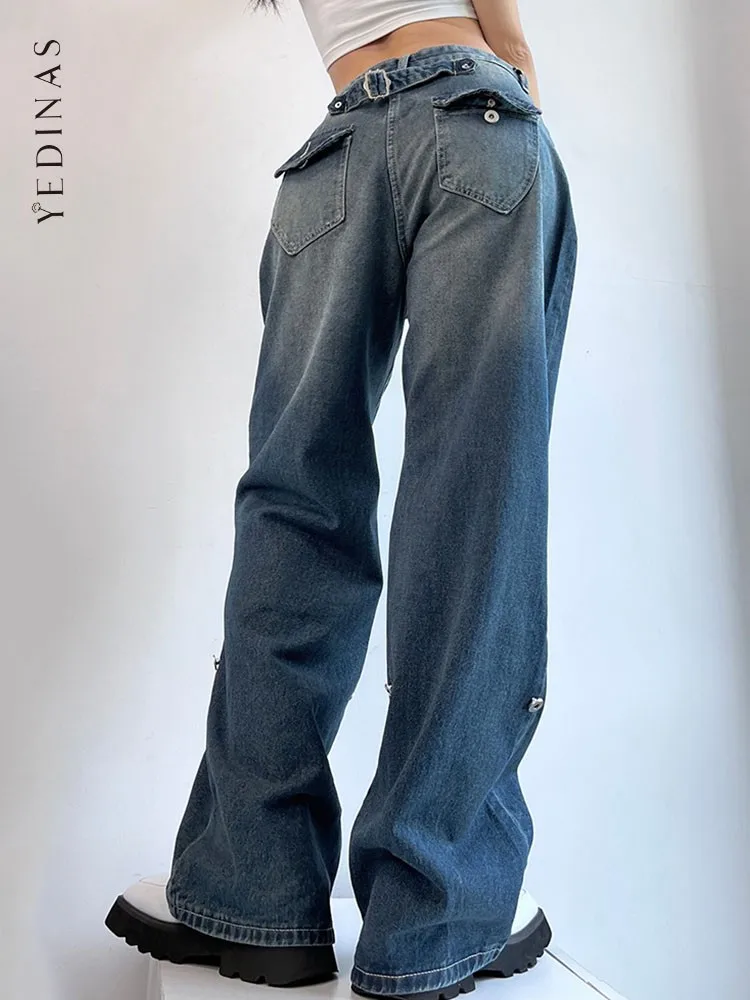 

Yedinas American Retro Blue Mom Jeans High Waist Boyfriend Jeans For Women Y2K Denim Pants Autumn Spring Design Jean Trousers