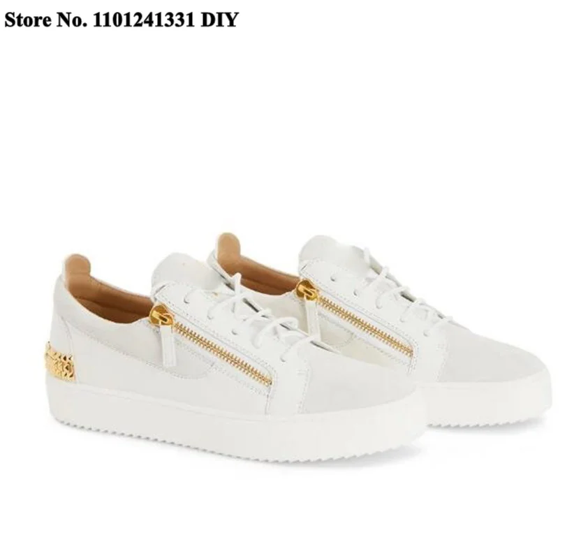 

White Leather Shoes Studded Low-Top Sneakers Men Side Zipper Gold Tone Board Casual Shoes Zapatillas Chaussure Man's Shoes Flats