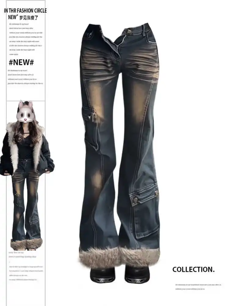 Women Idol Low Rise Chic Jeans Low Rise Y2K Faux Fur Denim Flare