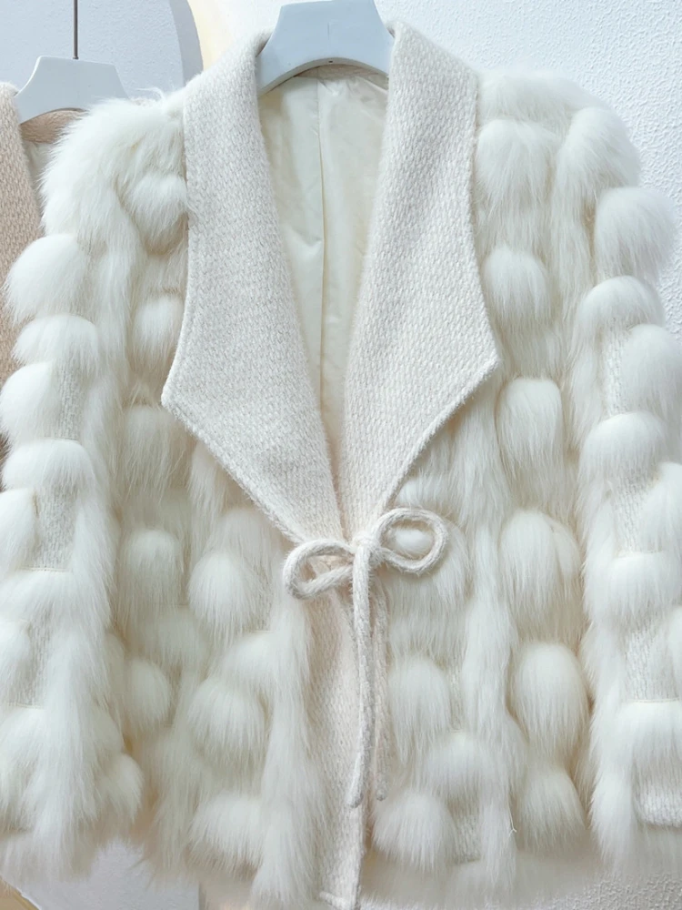 White Fox Back Coat Lace Up Womens Clothes Winter Design Sense Raccoon Dog Fur Knitting Young Thick Warm Fur Sexy Club Outerwear
