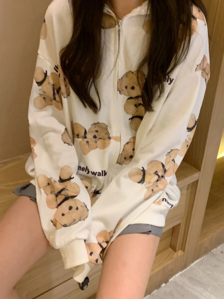 

QWEEK Kawaii Bear Print Zip Up Hoodies Women Korean Fashion Kpop Harajuku Couples Zip Up Hooded Sweatshirt 2023 Spring