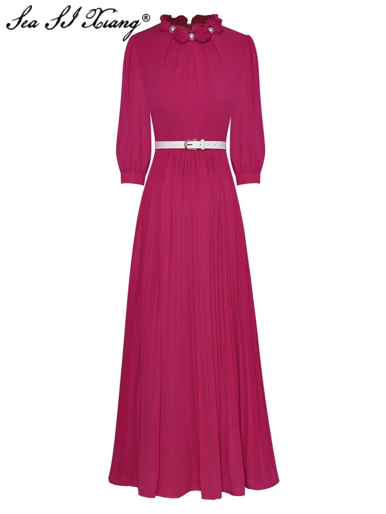 

Seasixiang Fashion Designer Summer Dress Women O-Neck Lantern Sleeve Beading Appliques Belt Elegant Party Pleated Dresses