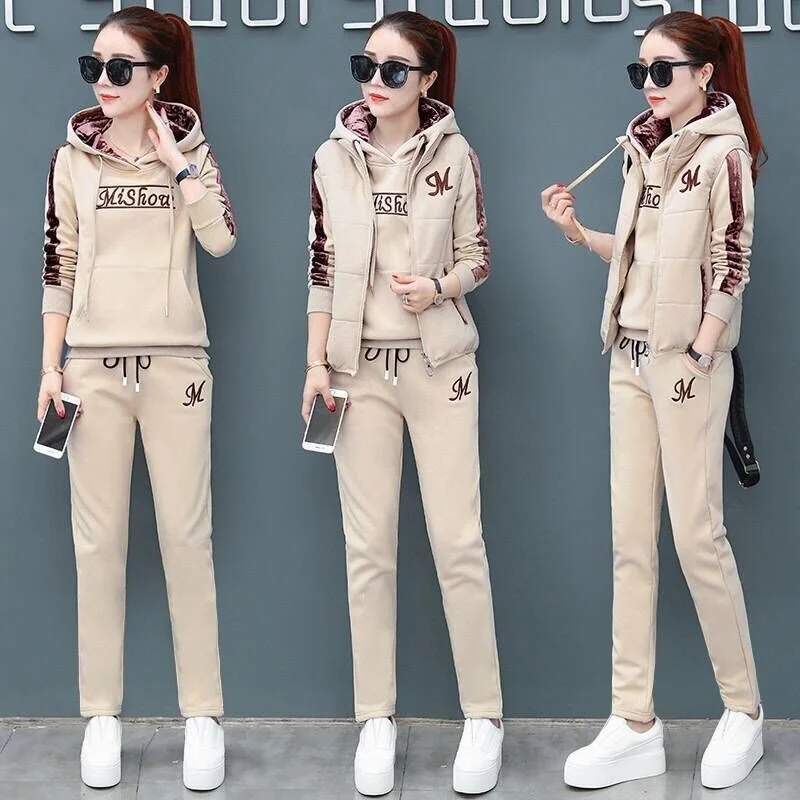 2024 Autumn Winter New Women's Casual Sweat Suit Fashion Plush Thickened Hooded Tops Waistcoat Pants 3 Three Piece Set For Women 6