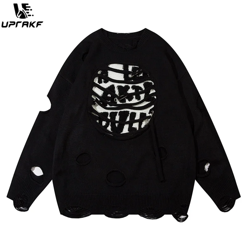 

UPRAKF Letter Ripped Hole Sweater Solid Color Autumn Fashion Streetwear Pullover Winter Casual Long Sleeve Loose