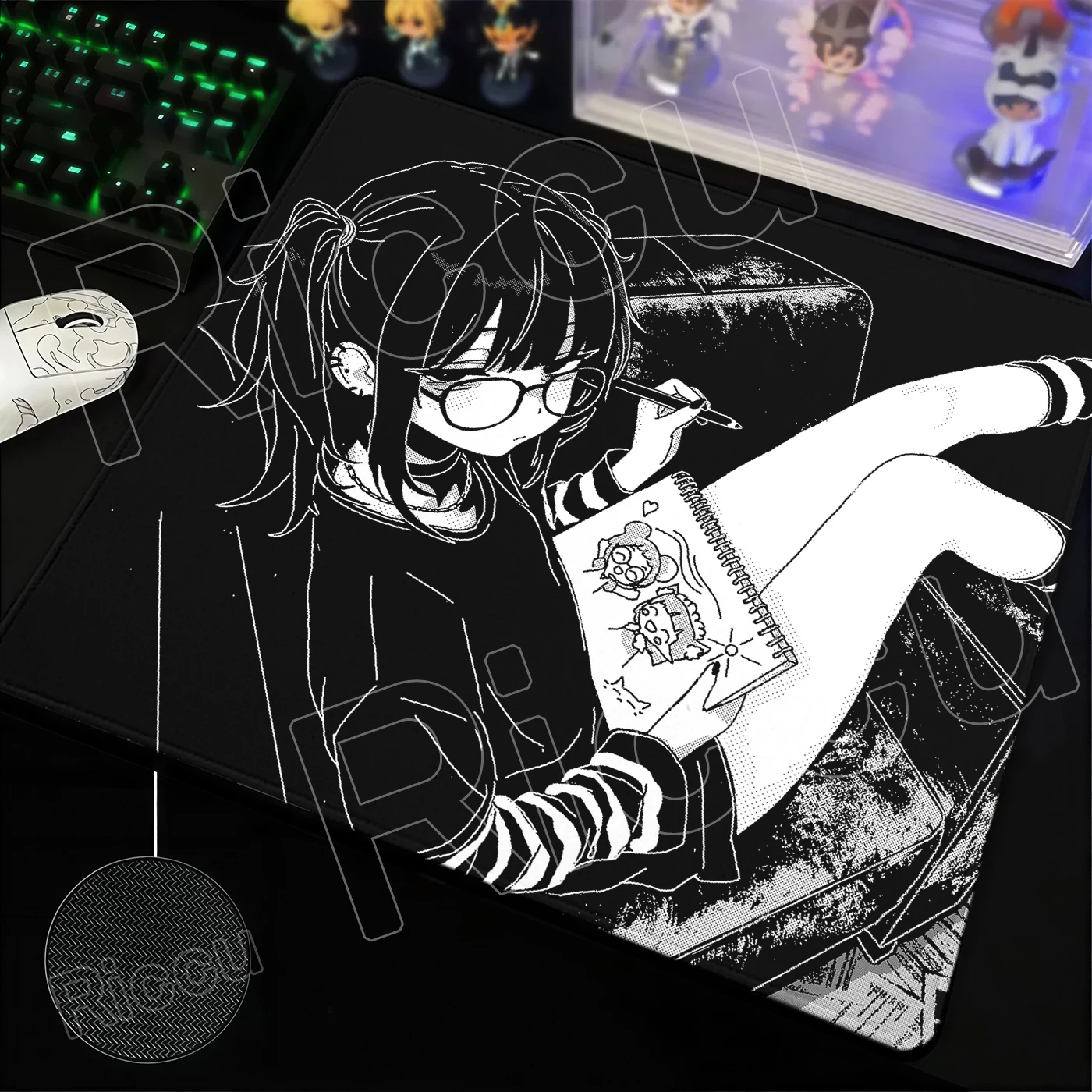 Monochrome Pixel Aesthetic Gaming Mouse Pad with Anime Design - Non-Slip Rubber Desk Mat for E-Sports & Office Use