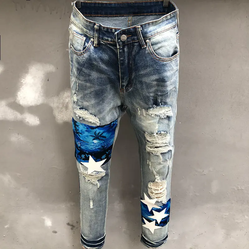 

2023 High Street Washed Painted Jean Men Streetwear Pattern Stitching Skinny Slim Fit Jeans Party Casual Trouser Pantalones