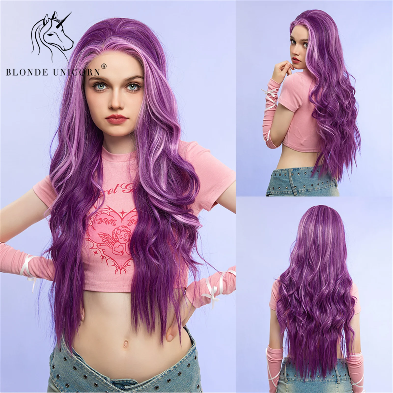 Blonde Unicorn Lace Front Highlight Purple Wave Synthetic Wigs for Black White Women Daily Party Cosplay Heat Resistant
