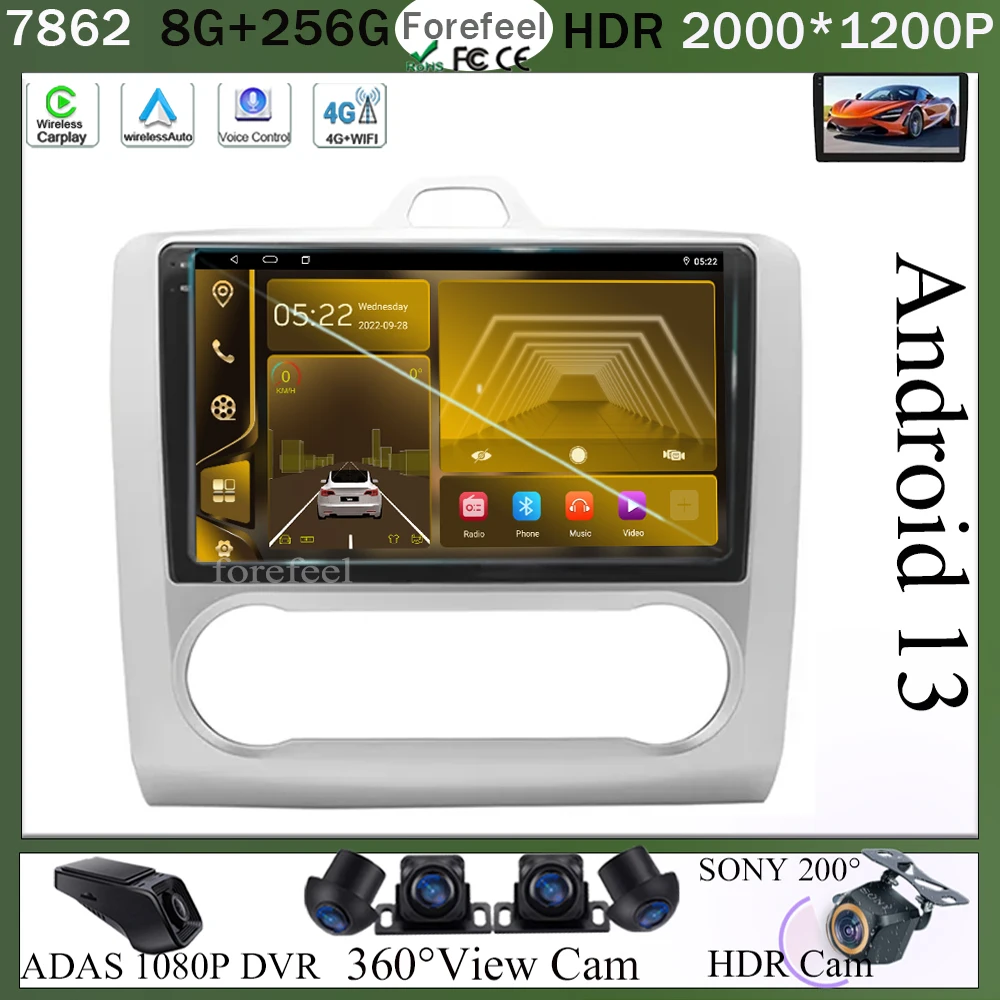 

For Ford Focus 2 Mk 2 2004 - 2011 Car Video Player Android 13 Auto Radio Multimedia Player Navigation GPS QLED Bluetooth DVD BT