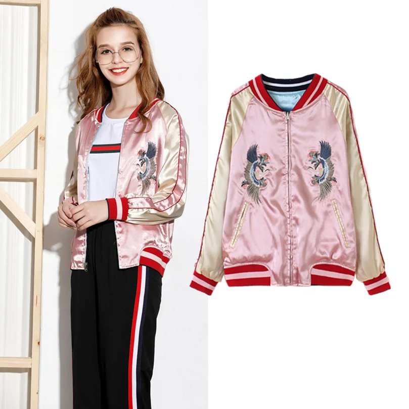 

Women's reversible baseball jacket, Yokosuka Bomber jacket, girls' satin streetwear