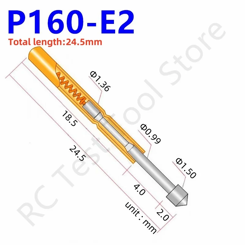 

100PCS Spring Test Probe P160-E2 Test Pin P160-E Brass Test Pin Pogo Pin Sleeve 24.5mm Dia 1.36mm Pin Head Dia 1.50mm Test Tool