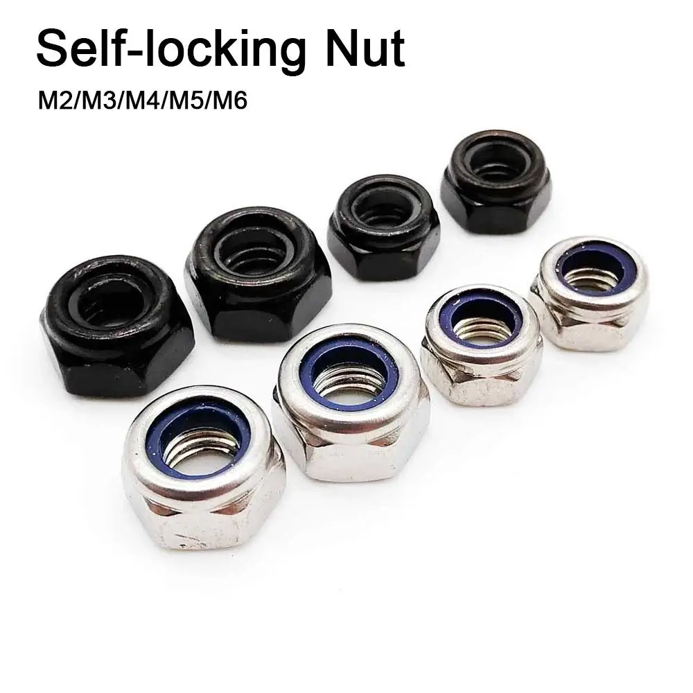 10pcs 304 Stainless Steel Self-locking Nut Hex Nylon M2 M3 M4 M5 M6 Locknut Black Silver Hardware Accessory Insert Lock Nut