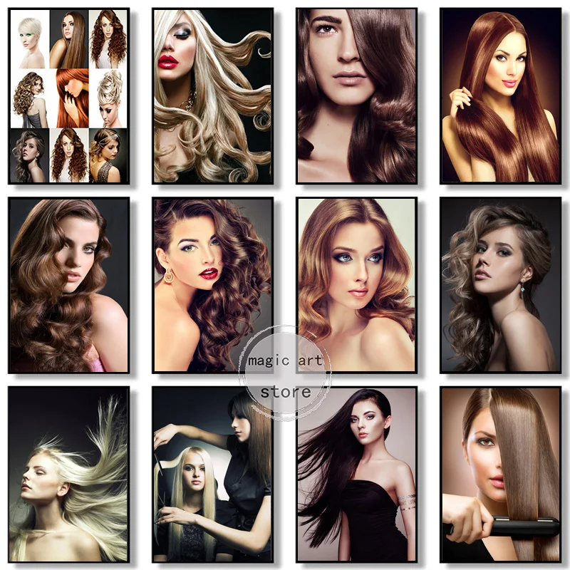 Hair Salon Wall Art Long Healthy Wavy Hair Wall Decor Black White Beauty Fashion Woman Picture Canvas Print Barbershop Painting for Beauty Salon Decor - 3