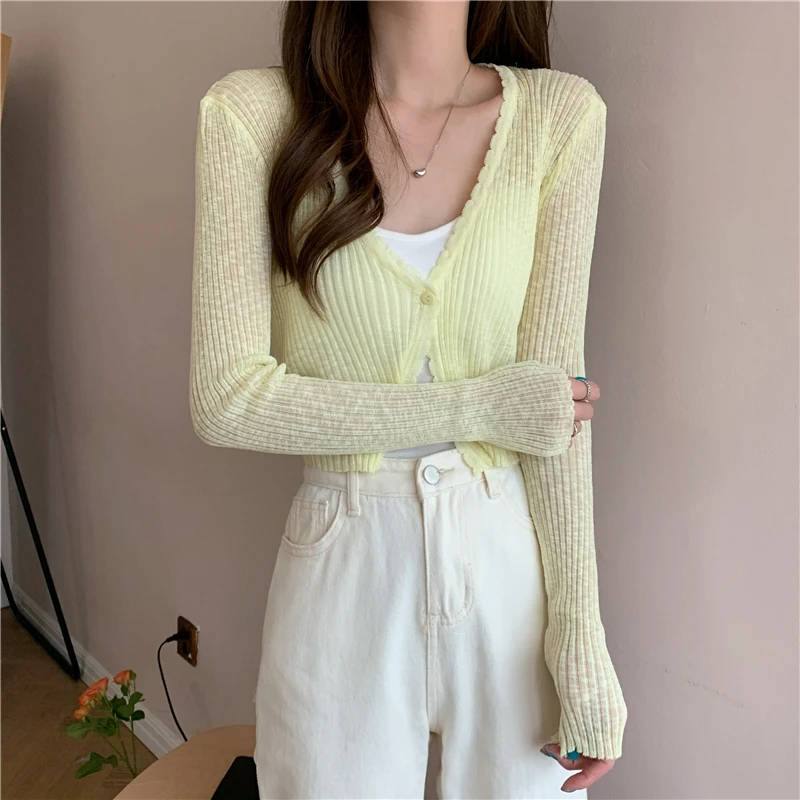 Sheer Ribbed Knit Cardigan with One Button Long Sleeve Crop Top Women Teen-girl Spring Summer 2026 Shrunken Cardigan 5