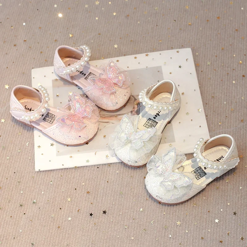 Chic Girls Dress Shoes for Wedding Party Bling Sequins with Rhinestone Butterfly Sweet Princess Chic Kids Flat Shoes Lace Beaded