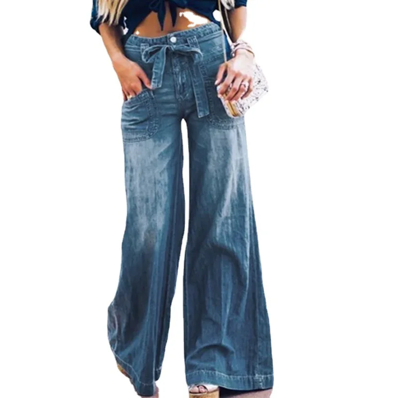 TEELYNN Vintage Wide Leg Denim Pants for Women Casual Lace Up Loose Autumn Pants 2022 Washed Blue Straight High Waist Jeans