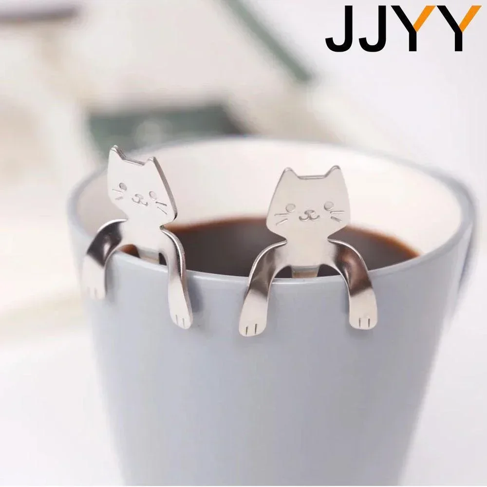JJYY Cute Dessert & Coffee Spoon-Hanging Cat 304 Stainless Steel Spoon, Creative Cartoon Spoon, Stirring Small Spoon