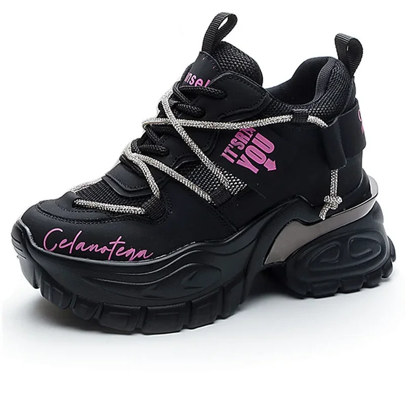 

10.5cm Air Mesh Platform Wedge Chunky Sneakers Hollow Cow Genuine Leather Rhinestone Fashion Summer Women Shoes 2023 Comfy