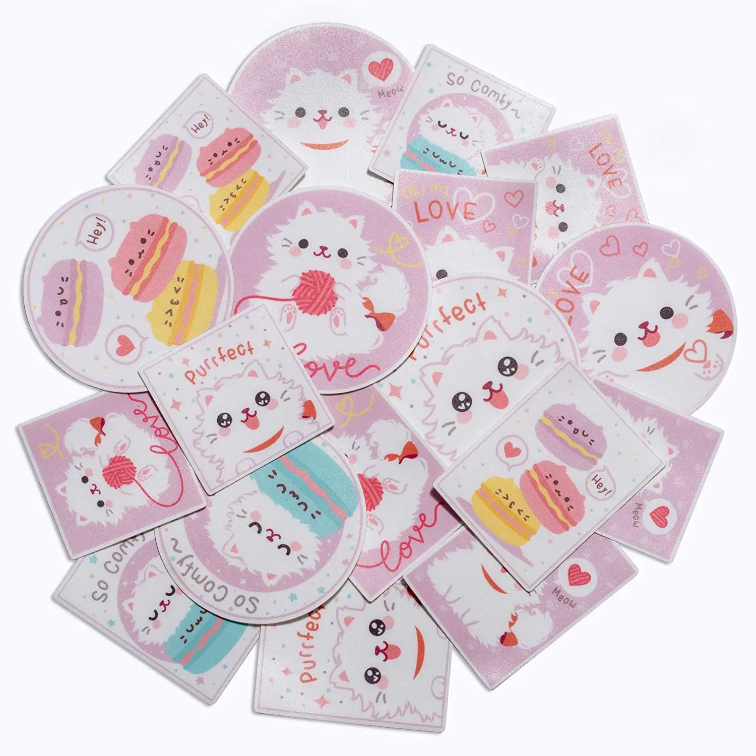 Pack of 18 Cat Themed Sticker Set Kawaii Square, Vertical Stickers for Scrapbook and Round Decals for Laptop, Water Bottles