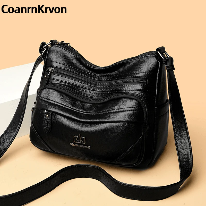 

Hot Multi Pockets Women's Handbags Wear-resistant Bags Soft PU Handbags Famous Shoulder Bags Luxury Women's Black Satchel Bag