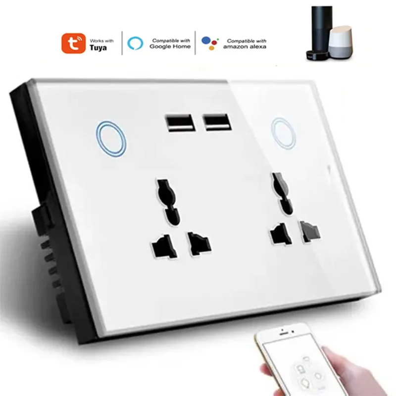 13A Tuya UK Wifi Smart Socket Universal Double Wall Socket Touch Smart